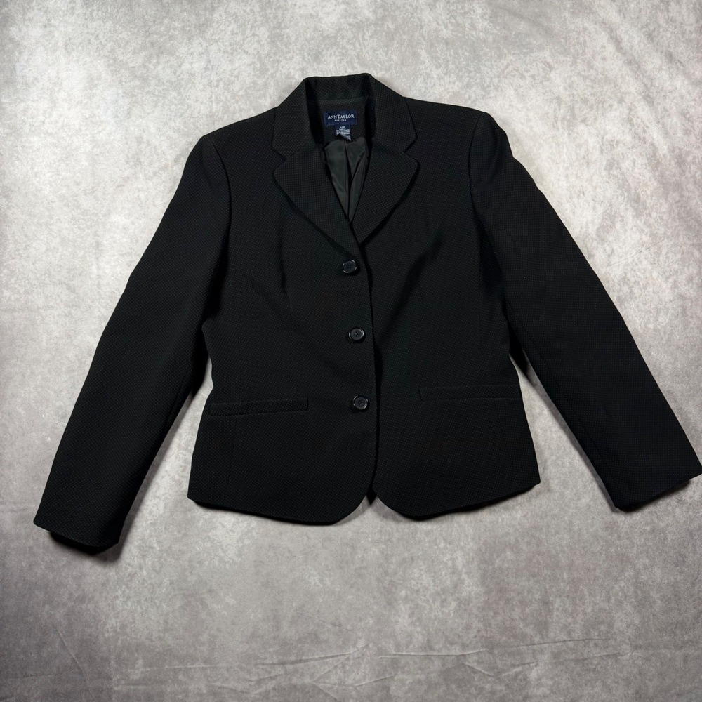 Ann Taylor Petites Womens 12P Black Micro Dot Three Button Blazer Career Jacket